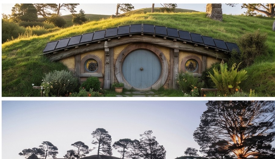 Hobbit-style cottage with solar panels integrated into a green hillside